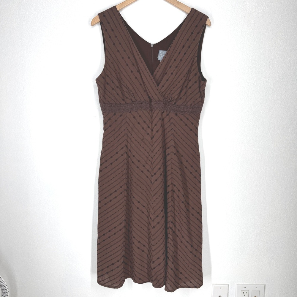 Vintage Y2K Babydoll Cotton Chevron Embroidered Midi Dress Size 14 Brown Boho